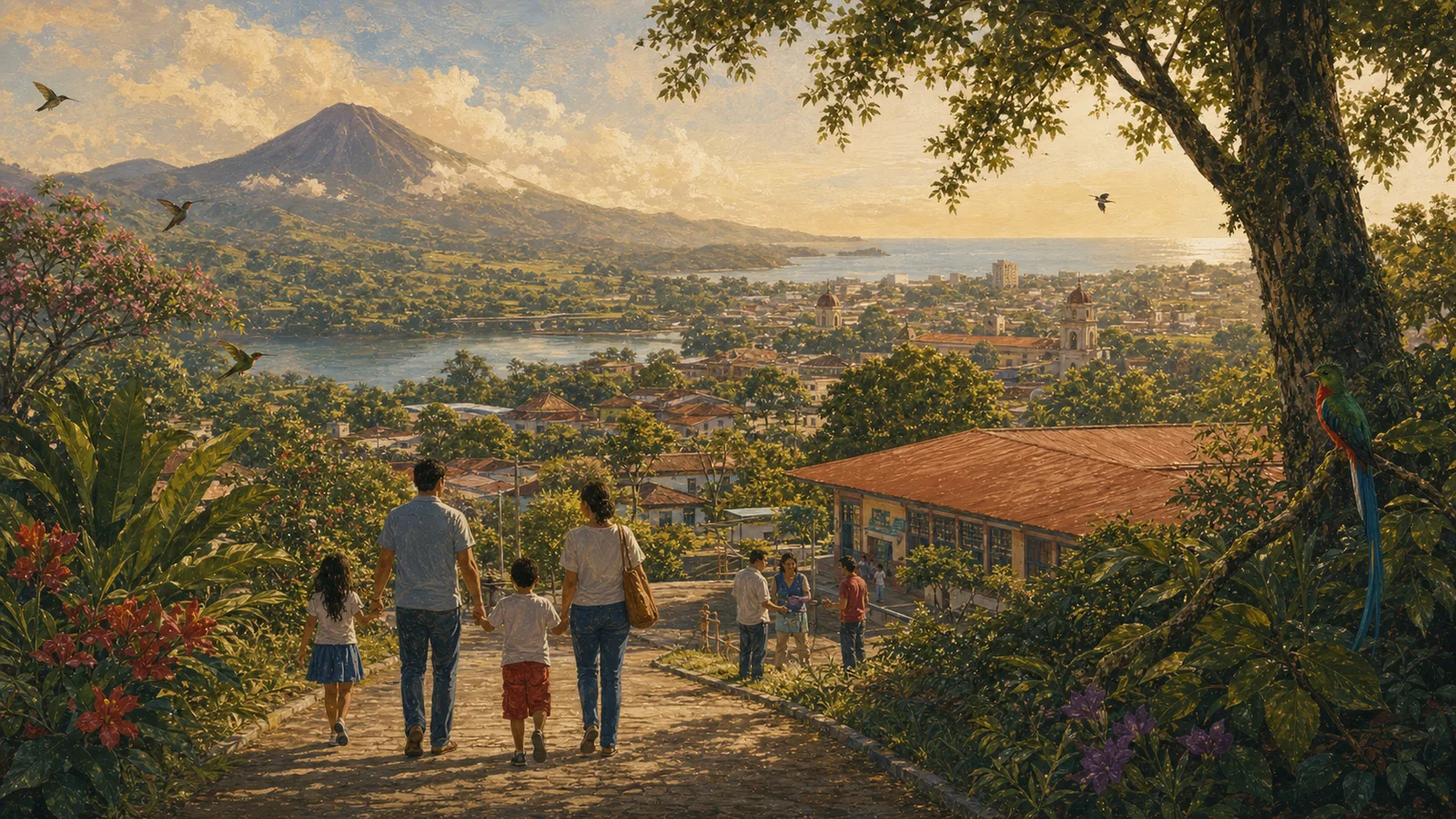 Ilustración editorial de Costa Rica: paisaje, cultura y vida cotidiana costarricense.